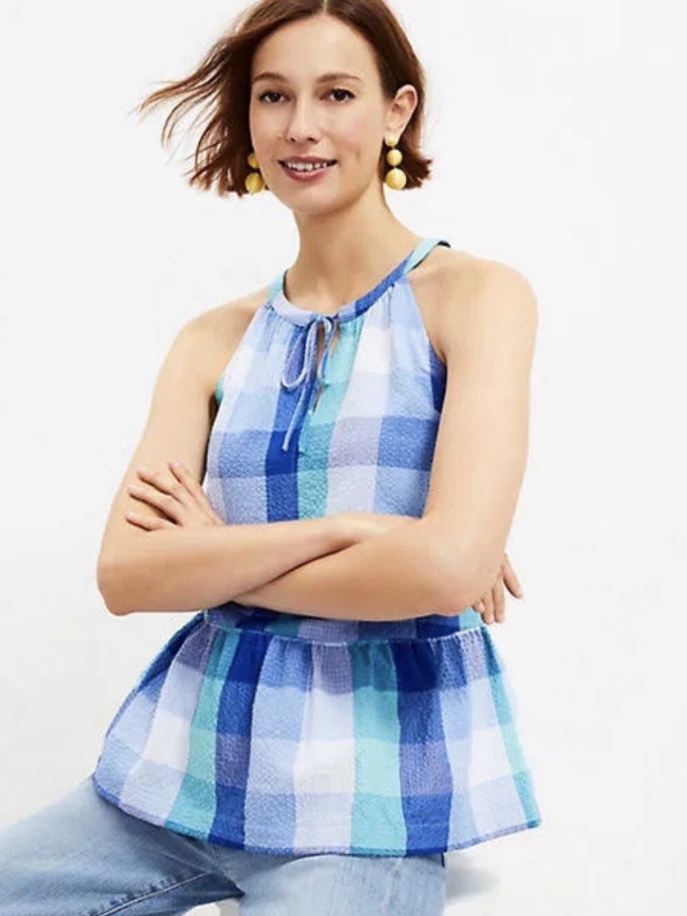 LOFT Blue Gingham Plaid Seersucker Peplum Halter Top Large